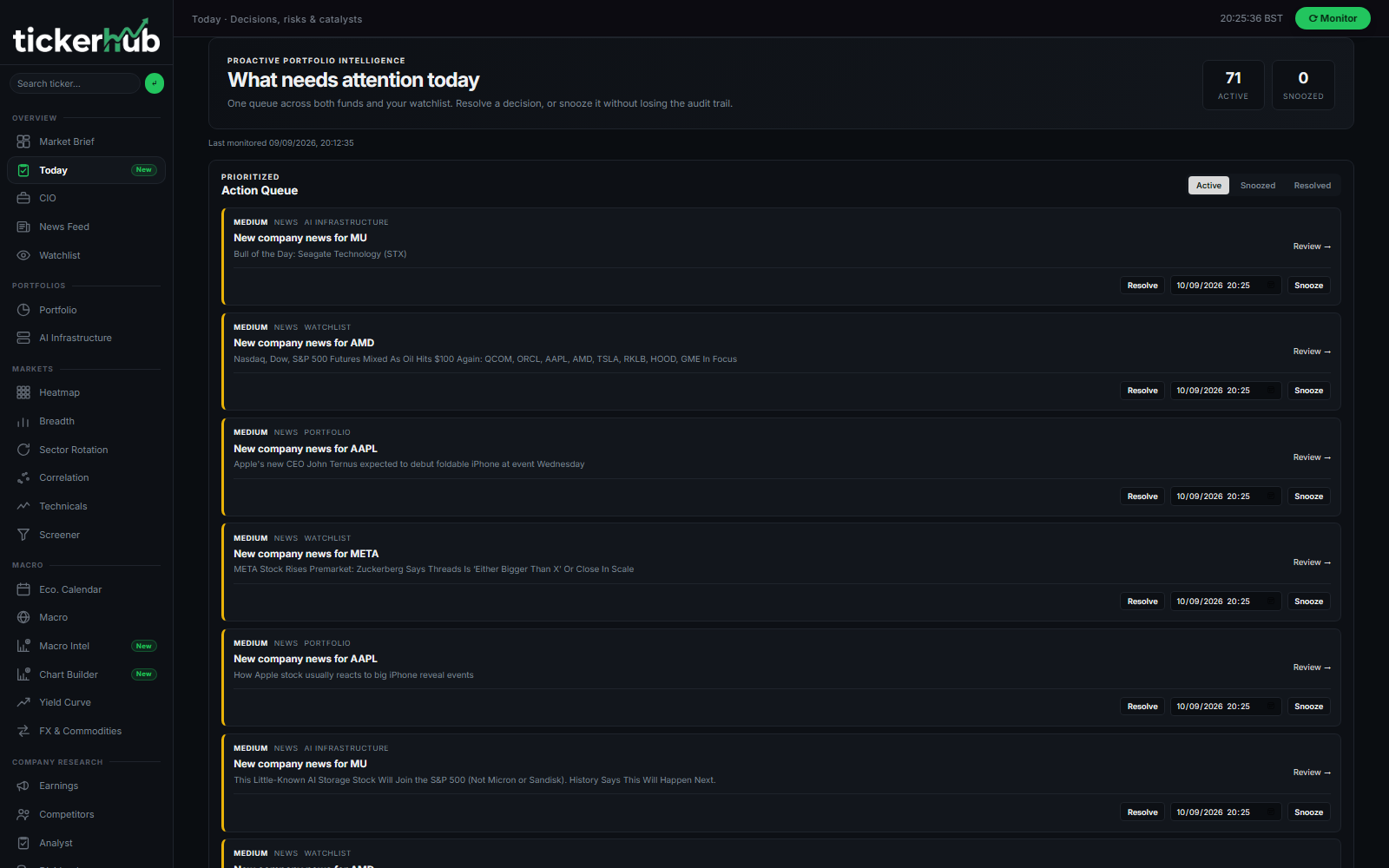 Tickerhub Today view showing a prioritised portfolio intelligence action queue